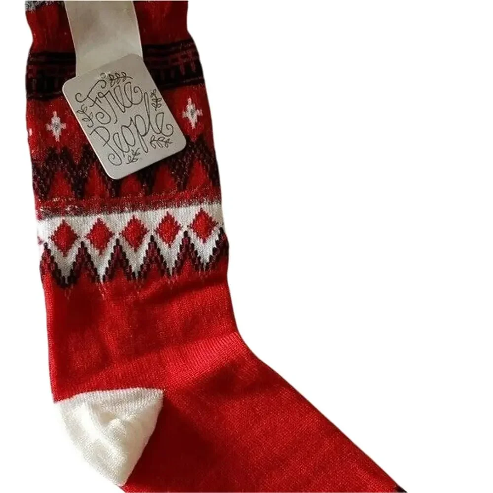 Free People Red Merino Wool Socks Fair Isle Crew Size‎ 9-11 Silver Blue Metallic